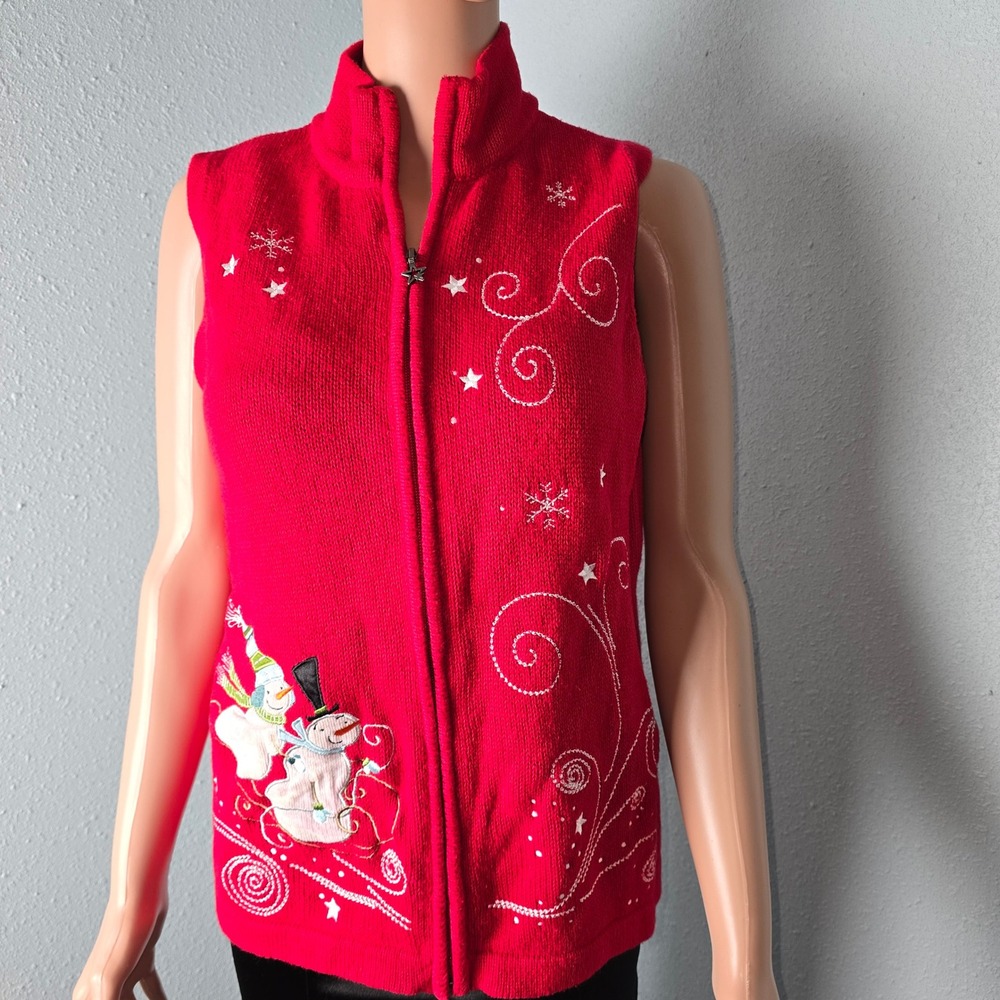 Christopher & Banks Red Snowman Knit Zip Up Vest Women's Large Holiday Christmas